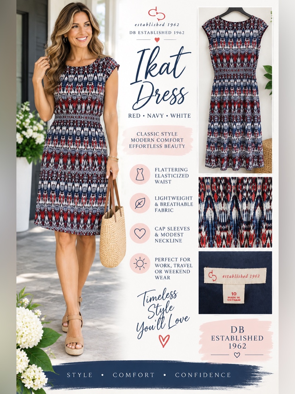 Cap-Sleeve Ikat Midi Dress in Red, Navy & White